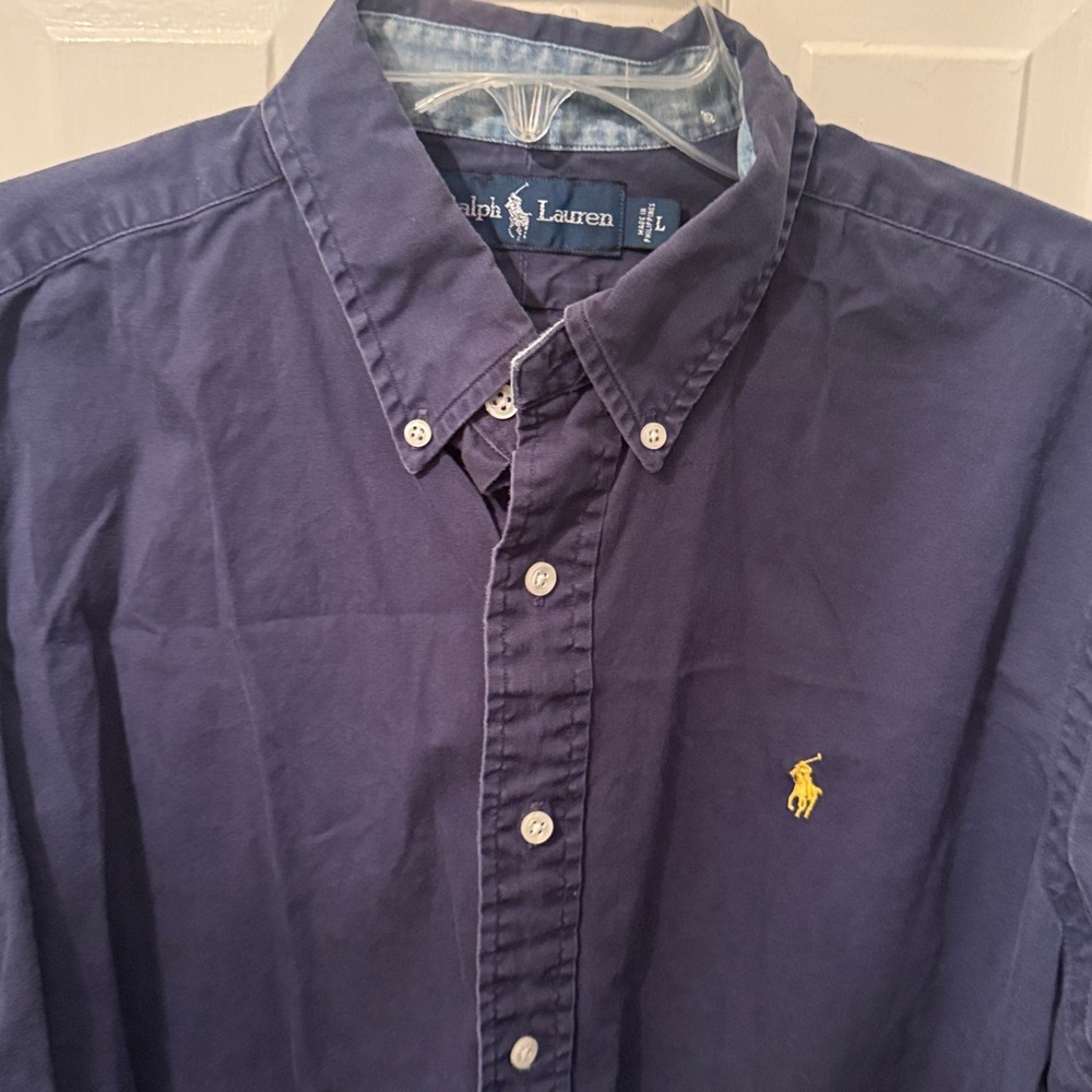 Men’s Ralph Lauren button down, sz L, all cotton. Navy w yellow polo player.